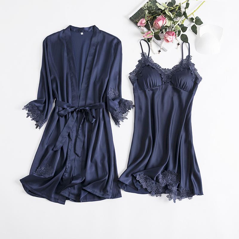 Women's Silk Five-Piece Pajama Set: Spring/Autumn Nightdress & Robe with Chest Pad