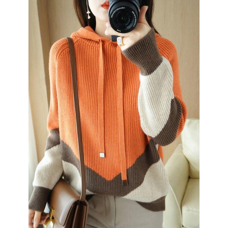 

Весна и Осень Новая Мода Универсальный Пуловер Свитер Женский Круглый Вырез Сочетание Цветов Толстовка Носить С Капюшоном Вязаный Свитер S оранжевый