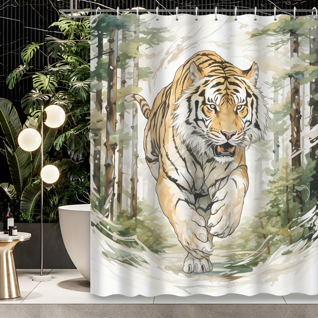 1pc Cartoon Green Woods King of The Forest Tiger Bathroom Shower Curtain with 12 Hooks Shower Curtain, Bathroom Decoration