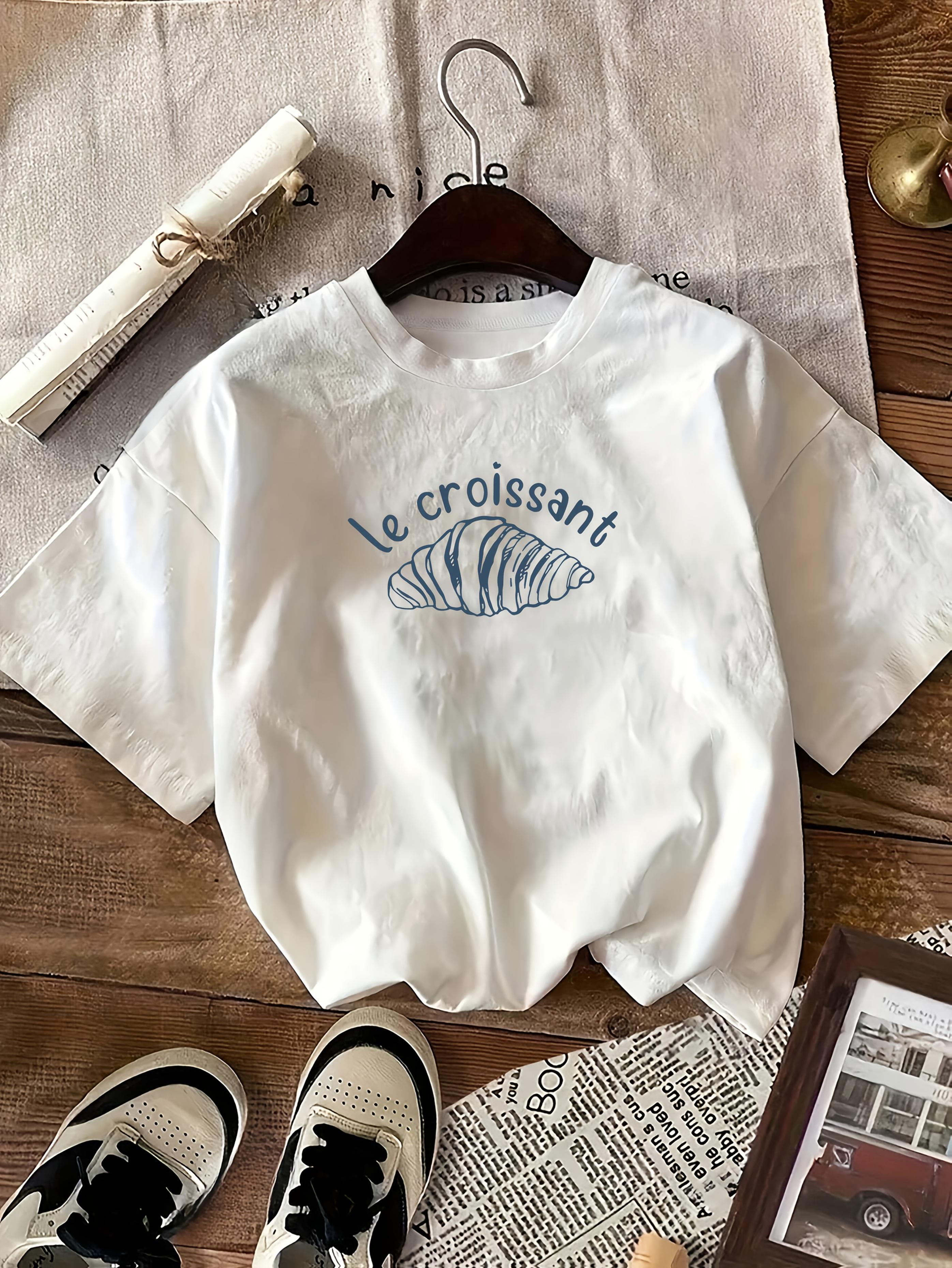

Women s Casual Croissant Print T-Shirt White with Blue Graphic Round Neck Sleeve Top Summer Sleeved Harajuku Streetwear Tops Tee 4XL