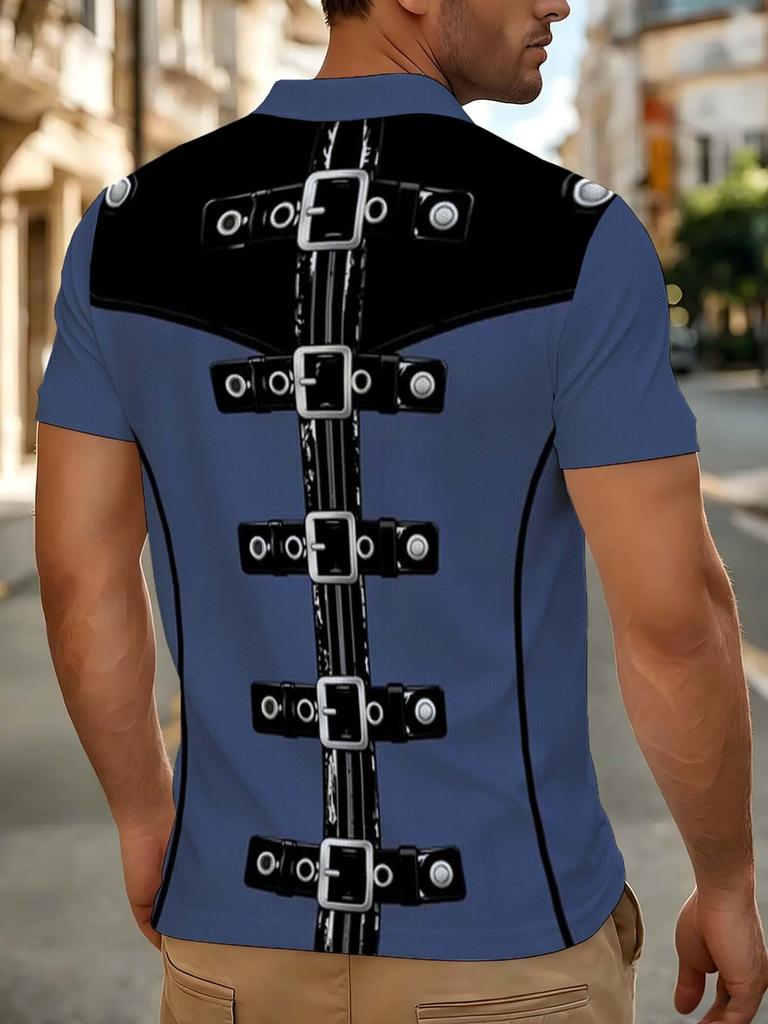 Men's Outdoor Short-Sleeve Polo Shirt with Printed Design (Not Textured), Available in Multiple Sizes. Men's Lapel Polo with Faux Punk Belt Buckle