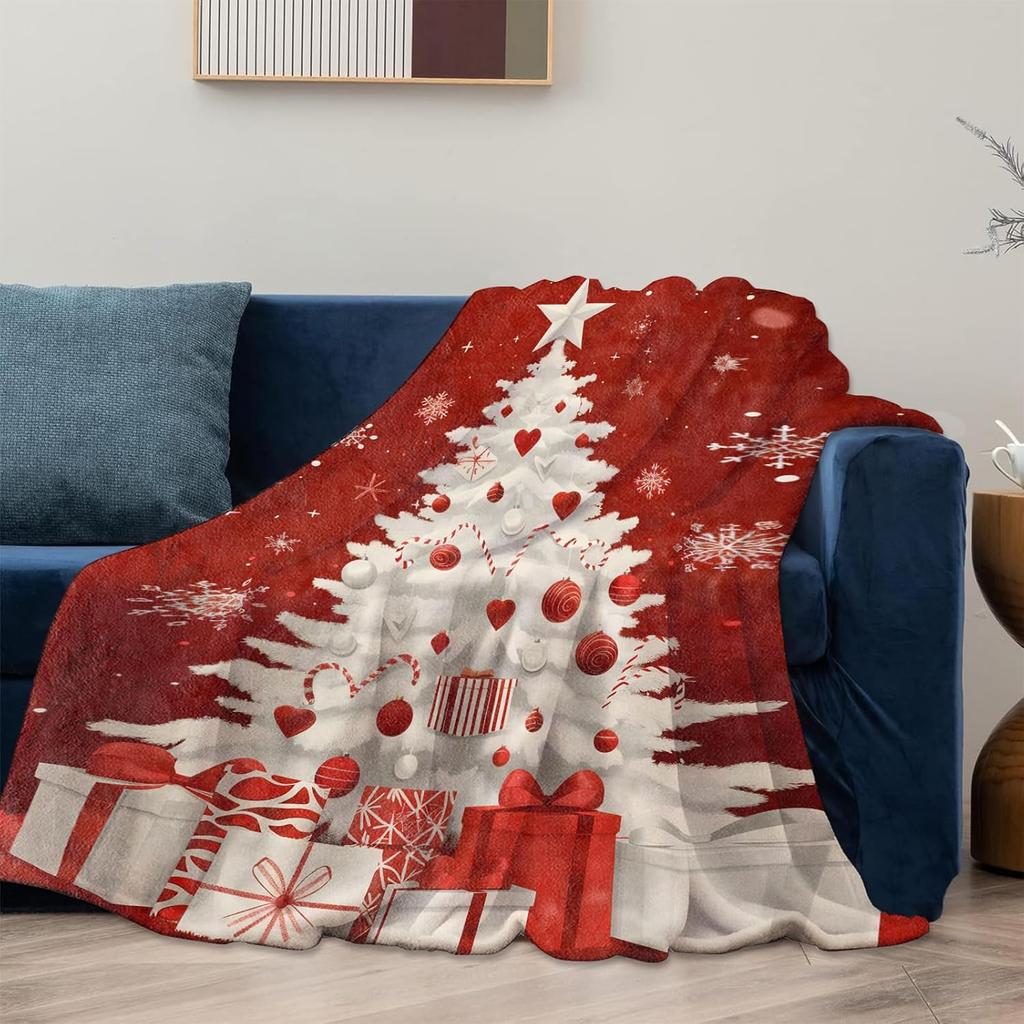 Christmas Tree Blanket Gifts for Women Adults Girls Kids, White Decorated Tree with Red Presents Flannel Blankets for Bedroom