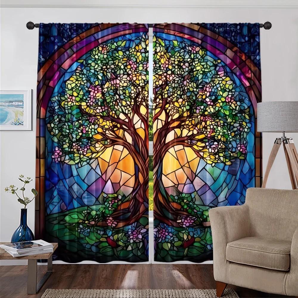 2pcs Colorful Floral Tree Curtains   Window Decor Polyester Rod Pocket Drapes for Home Decor  Living Room  Bedroom