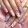 24 Pcs Sweet Flowers False Nail Simple Artificial Nail Glossy Full Cover Stick On Nail Long Shape Press On Nail