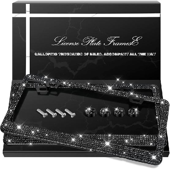 2 Pack Bling License Plate Frames, Sparkly Rhinestone Diamond Car License Plate Cover For Women, Stainless Steel Car Accessories With Glitter Crystal
