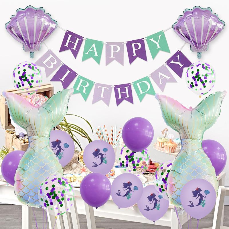 23Pcs Mermaid Print Latex Balloon Aluminum Film Fishtail Sequins Birthday Flag Party Scene Arrangement