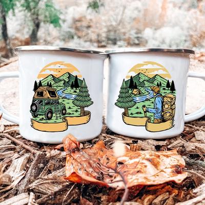 Touring Enamel Mug Caravan Printed Camper Mugs Camping Enamel Mug Adventure Campfire Party Beer Juice Cup Gifts for Camper