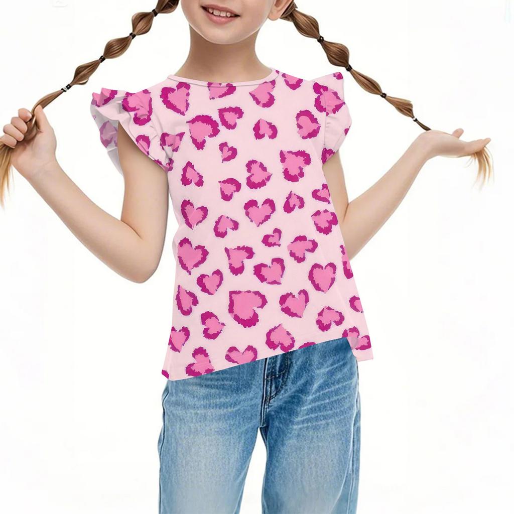 Children's Casual Short-Sleeved Pleated Cute Floral Printed Round-Neck Top