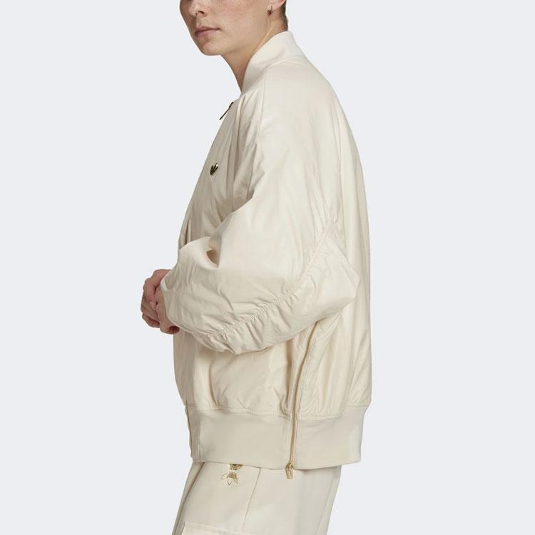 Adidas Originals Gold Zipper Logo Solid Color Bomber Jacket Women Jackets White HG6673