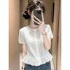 Mori Crew Neck White Short-sleeved Shirt Women's Summer Belly Cover Design Lace Lace Temperament Top A