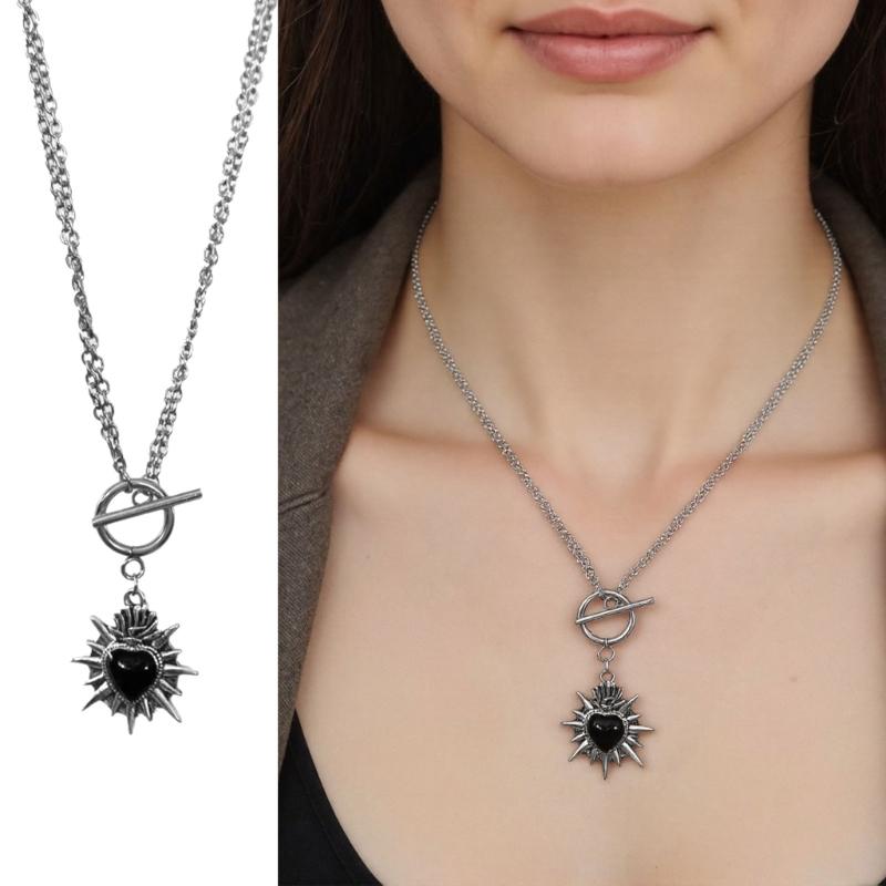 Rebellious Gothic Heart Necklace With Punk Spikes Alloy Lightweight Neck Chain Jewelry Unique Gift Choice for Women