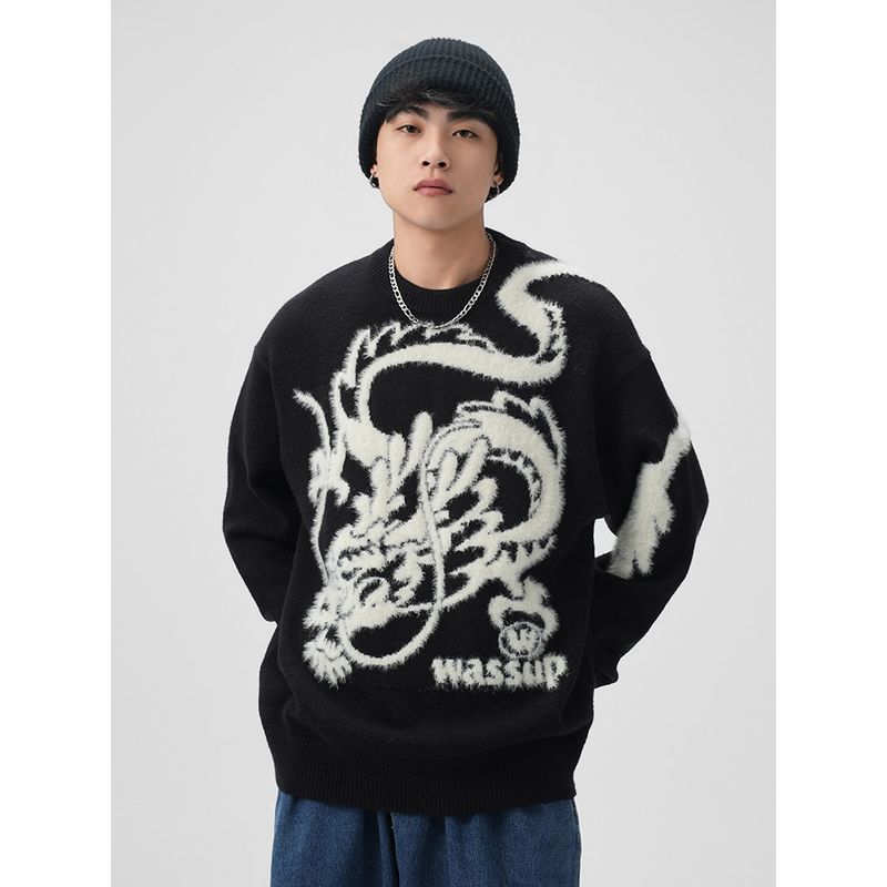 Wassup Heods Year of the Dragon Limited Edition Trendy Brand Knitted Sweater for Men, Autumn and Winter Warm Loose-Fitting Couple's Red Top