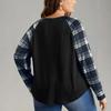 Ladies' Casual And Fashionable Plus Size Checkered Printed Patchwork Long Sleeved V-neck Top