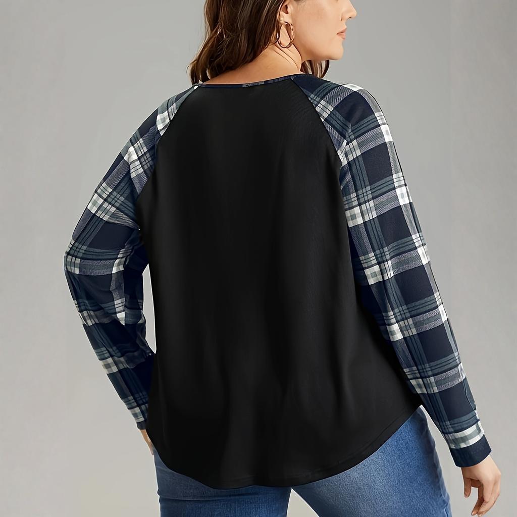 Ladies' Casual And Fashionable Plus Size Checkered Printed Patchwork Long Sleeved V-neck Top