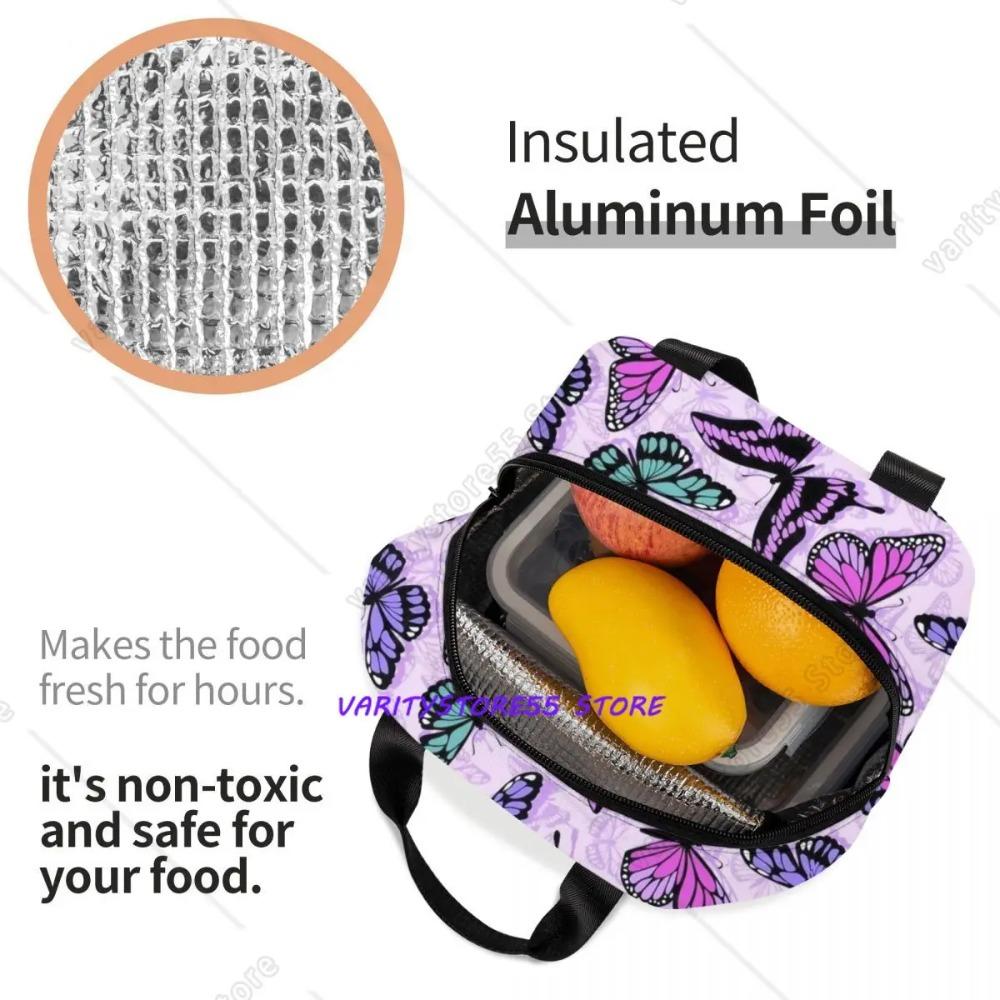 Custom Purple Colorful Butterfly Insulated Lunch Bags for Work School Waterproof Cooler Thermal Lunch Box Women Kids