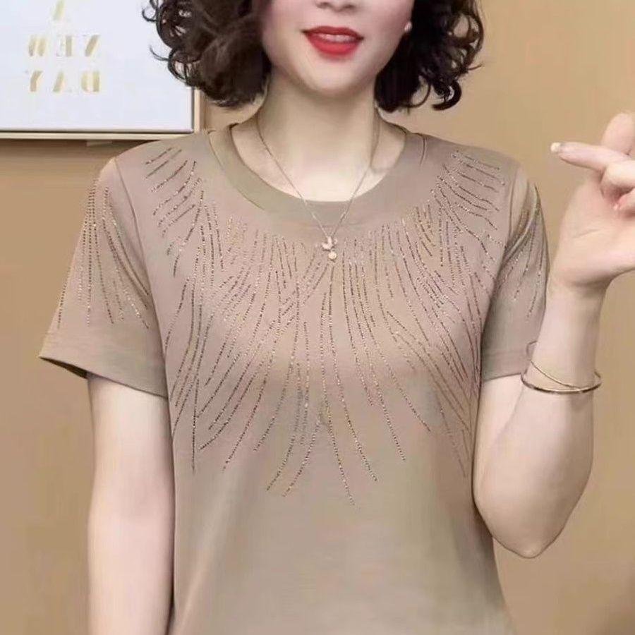 Middle-aged Short-sleeved T-shirt Women's Summer Western Style Solid Color Round Neck Casual