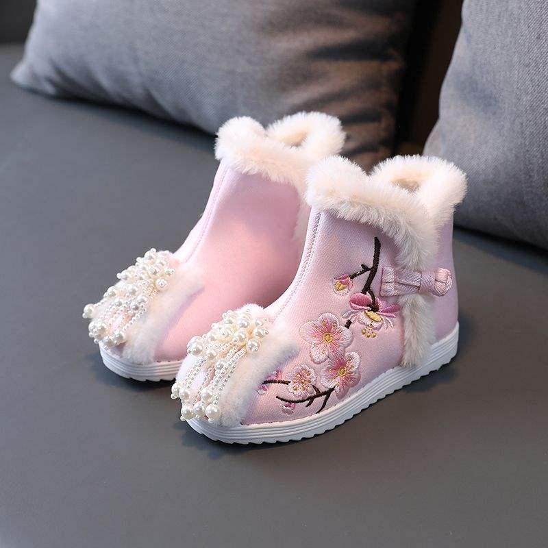 Cizme de Bumbac Căptușite cu Lână Hanfu pentru Copii - Stil Iarnă 2026, Pantofi Tradiționali Chinezești Brodați pentru Fete