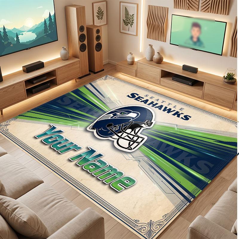 Seattle Seahawks Personalisierter Kristall-Samt-Teppich, Benutzerdefinierter Namens-Text Weicher Anti-Rutsch-Teppich für Wohnzimmer Schlafzimmer