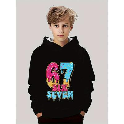 Vêtements pour enfants Sweat à capuche amusant pour garçons avec imprimé créatif numéro "67" Sweat à capuche décontracté de sport à manches longues pour garçons Hauts de veste