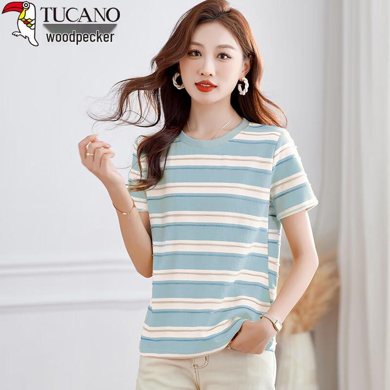 Woodpecker Women s Pure Cotton Striped Plus Size T-shirt 4XL