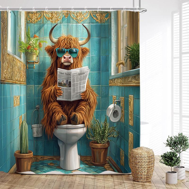 Brown Highland Cattle Shower Curtain Funny Farm Animals Sunset Rustic Flowers Scenery Fabric Bathroom Curtains Decor With Hooks