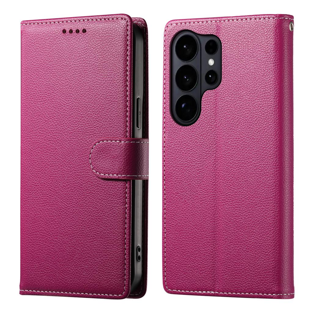 For Samsung Galaxy S26 Ultra Case Magnetic Snap Litchi Texture Leather Wallet Phone Cover with Wrist Strap