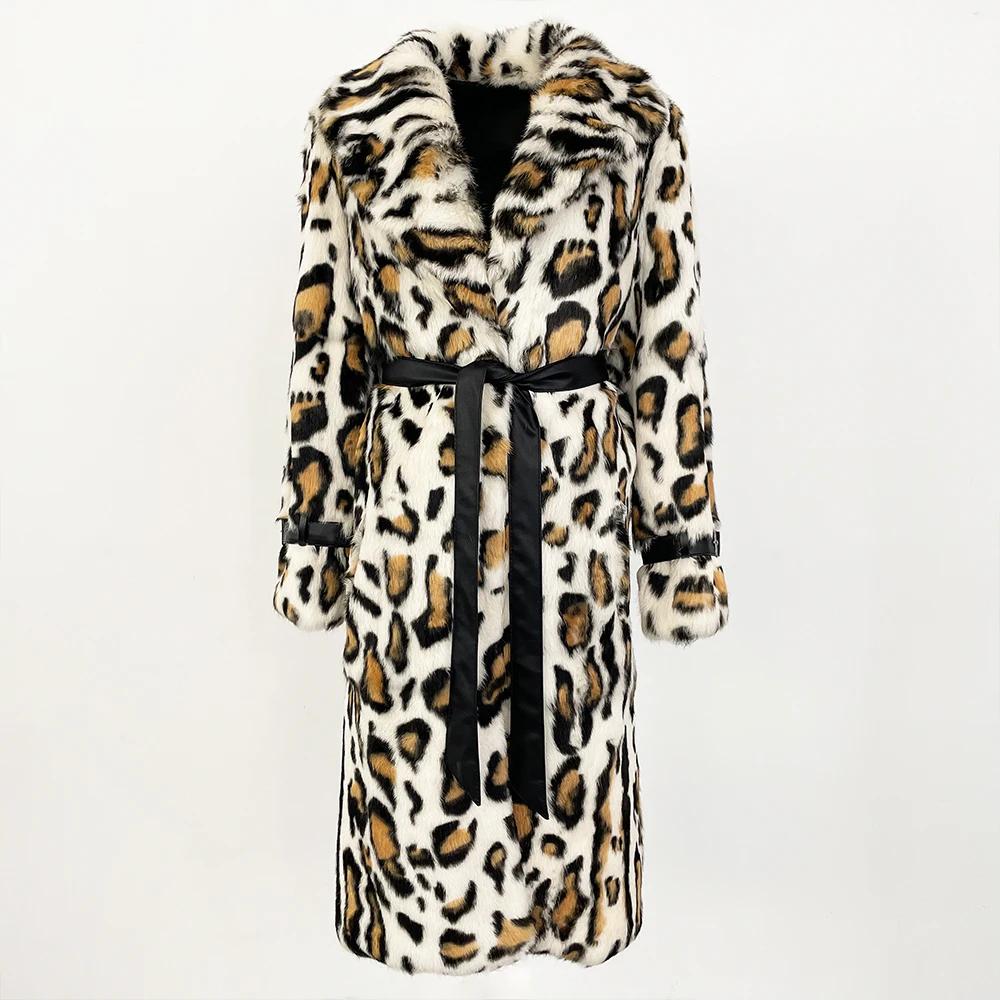 

OFTBUY 2024, осенне-зимнее пальто выше колена из цельной кожи, импортное пальто с кроличьим мехом, женское пальто с леопардовым принтом, утолщенное теплое меховое интегрированное пальто XXL цветной печати леопарда