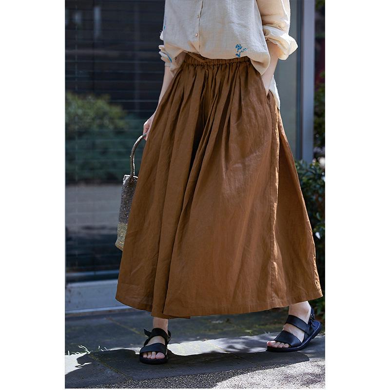 Women's Retro Cotton-Linen Elastic Waist Pleated Skirt - Summer 2023