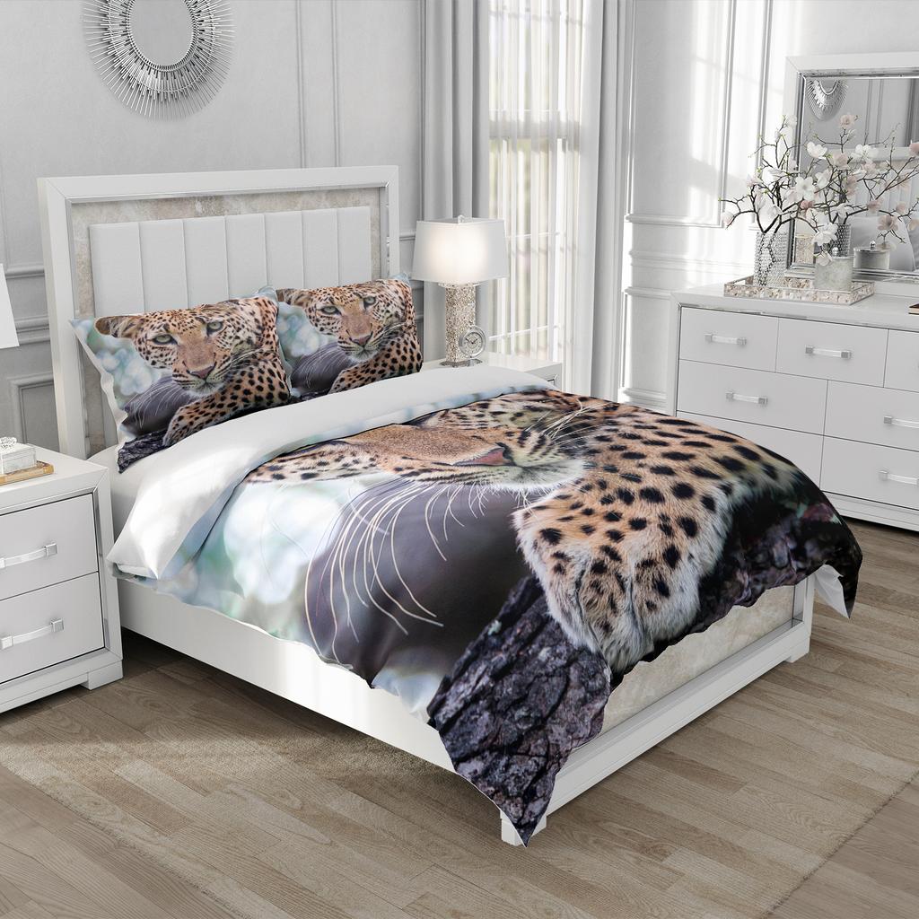 Animal Print Duvet Cover Set Leopard 3D Bed Linen Twin/Queen/140x200,Ultra-Soft Polyester Bedding, Machine Washable Home Decor