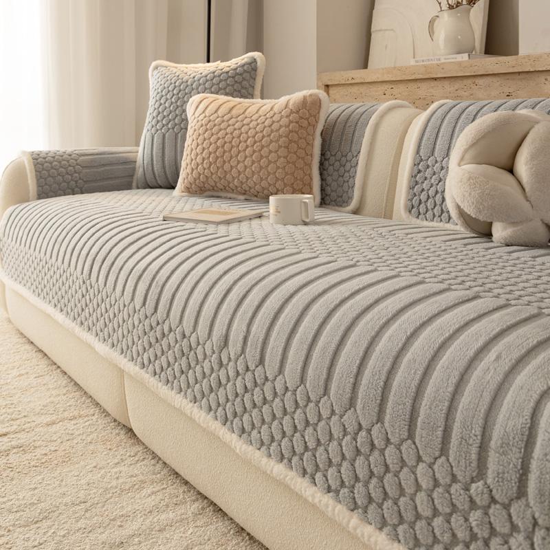 Pogrubiony Ciepły Geometryczny Żakardowy Polar Antypoślizgowy Pokrowiec na Sofę do Salonu Pokrowiec na Siedzisko Kanapy Ciepły Jednolity Pikowany Polarowy Ręcznik na Sofę