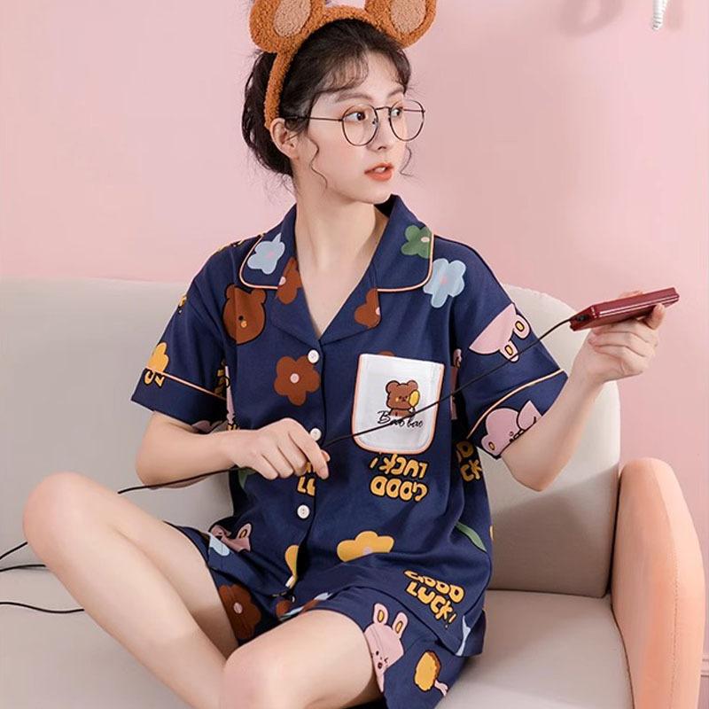 Summer Pajamas Women's Imitation Cotton Korean Cute Cartoon Sweet Student Short-sleeved Loungewear Suit