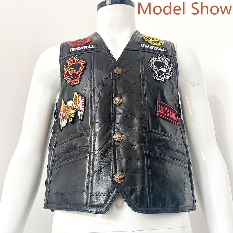 Binding Vest Leather Vest Men's Motorcycle Shoulder Four Season Cycling Clip Classic Embroidered Badge 11 Pieces of Elastic Bands Are Tied.