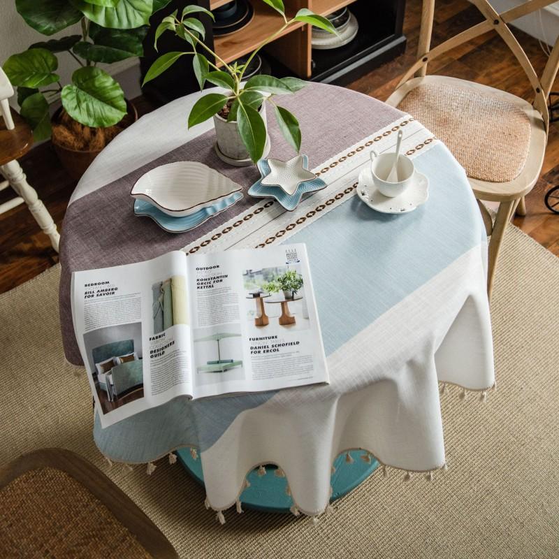 Cotton Tablecloth With Tassel Fringe Embroidered Stripe Round Dining Table Cover