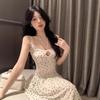 French Temperament Waist Polka Dot Suspender Dress, Women's Summer Seaside Vacation Style Skirt, Lace-up A-shaped Long Dress