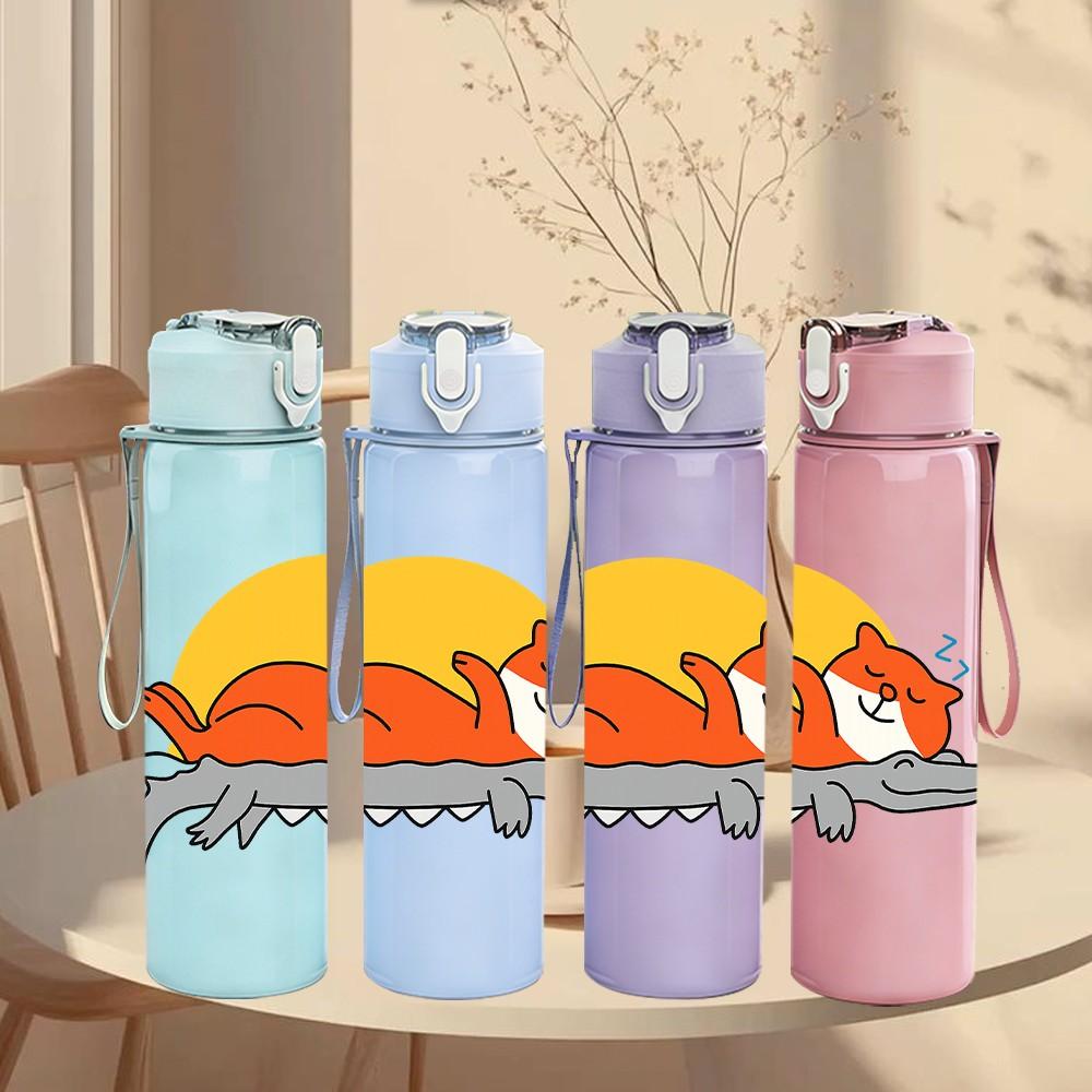 1PC Sleeping Fox Sunset Scene 750ml Color Plastic Sports Water Bottle Leakproof Flip Straw Lid Suitable for Sports Office Home Use