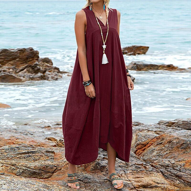 BITCED Fashion Summer Spring Solid Color Prin Sleeveless V-Neckt Casual Dresses