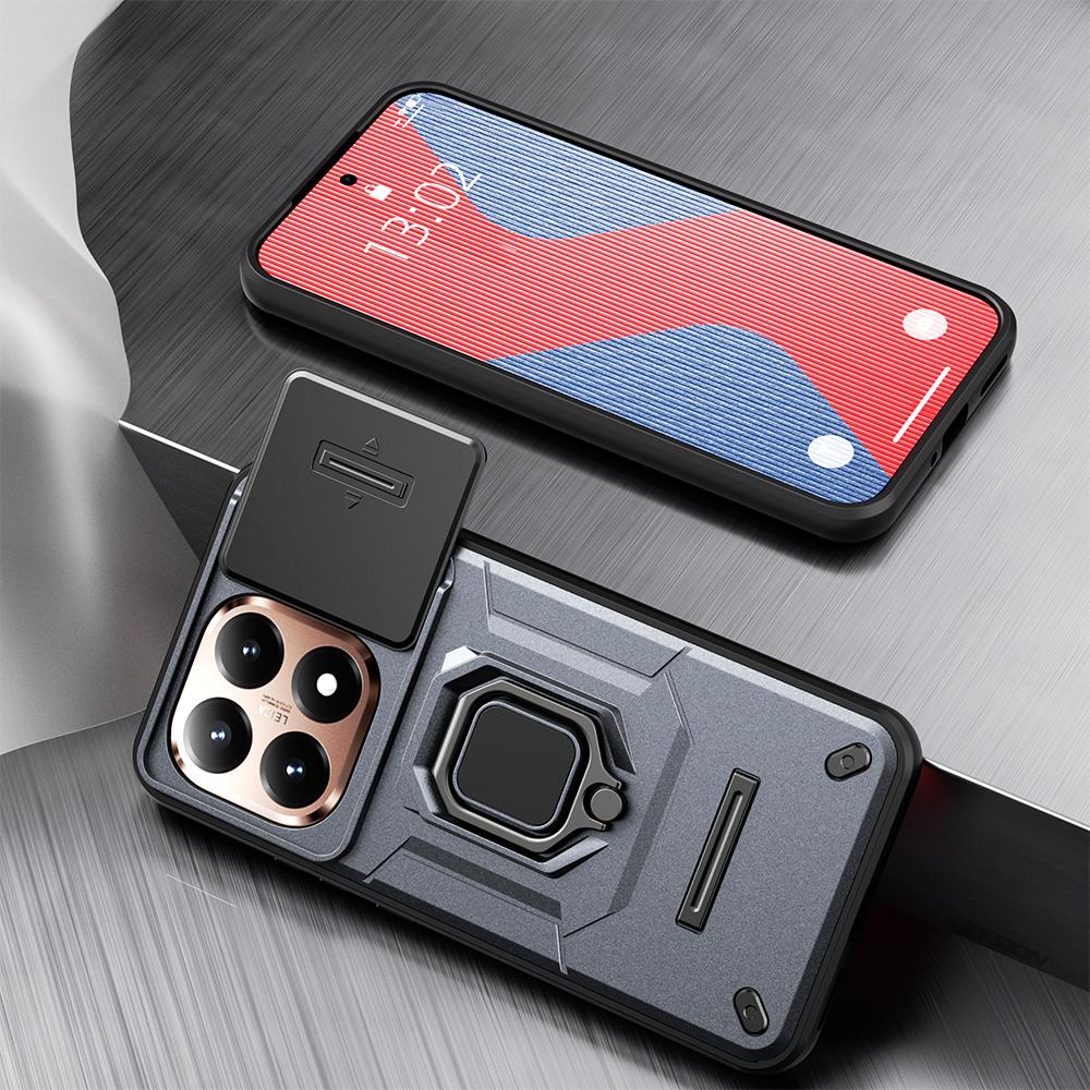 KEYSION Shockproof Armor Case for Xiaomi 15T Pro 5G Slide Camera Protection Metal Ring Stand Phone Back Cover for Xiaomi 15T 5G