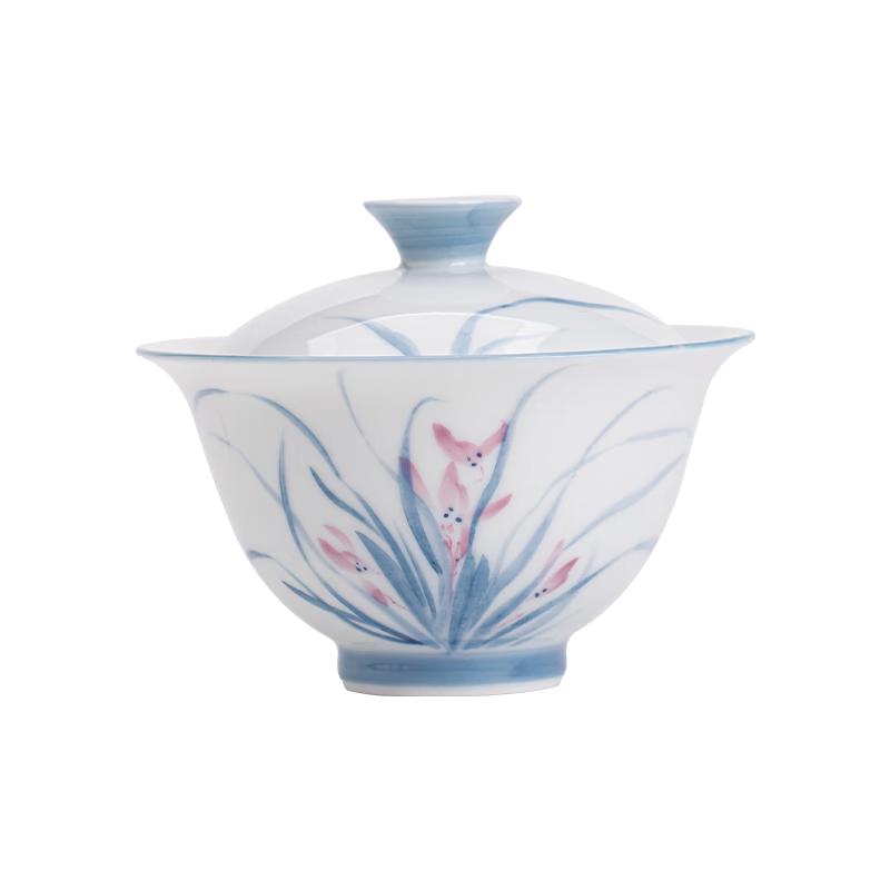 Ручная роспись Су: Фарфоровый гайвань из нефритового фарфора цвета бараньего жира с орхидеями