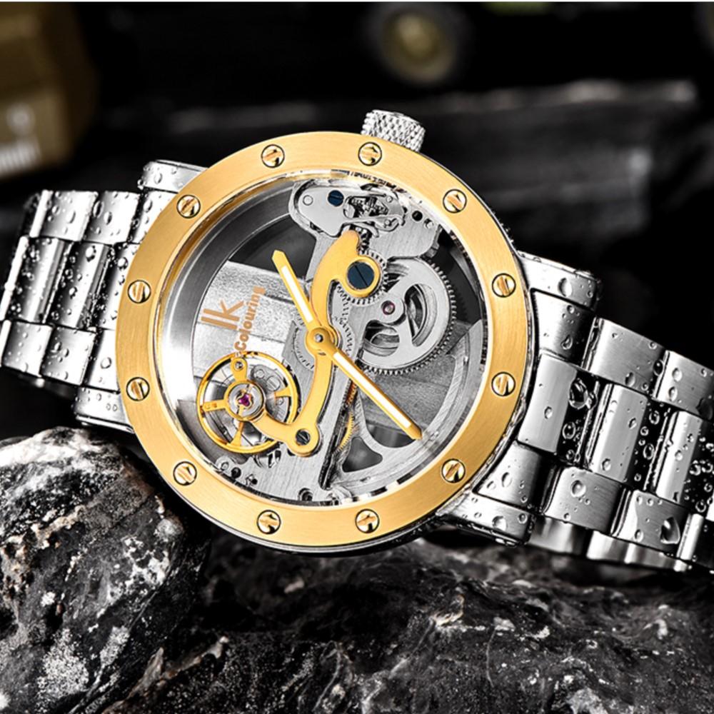 IK Coloring Herrenuhren 5ATM Wasserdicht Edelstahl Automatisch Mechanisch Herren Armbanduhr Brücke Skelett Herren Uhr