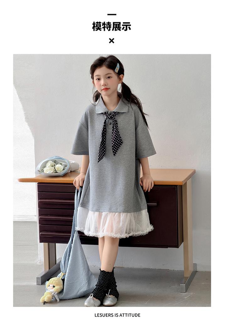 Girls' POLO Knitted Dress New Summer Children's Mesh Splicing Fake Two Piece Medium Sized Children