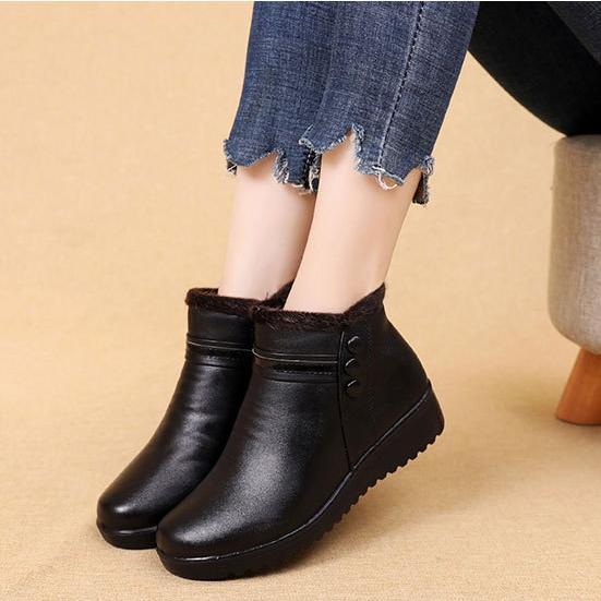 Fashion Winter Women Leather Casual Ankle Boots Female Thick Plush Warm Snow Boots Mother Waterproof Non-slip Booties