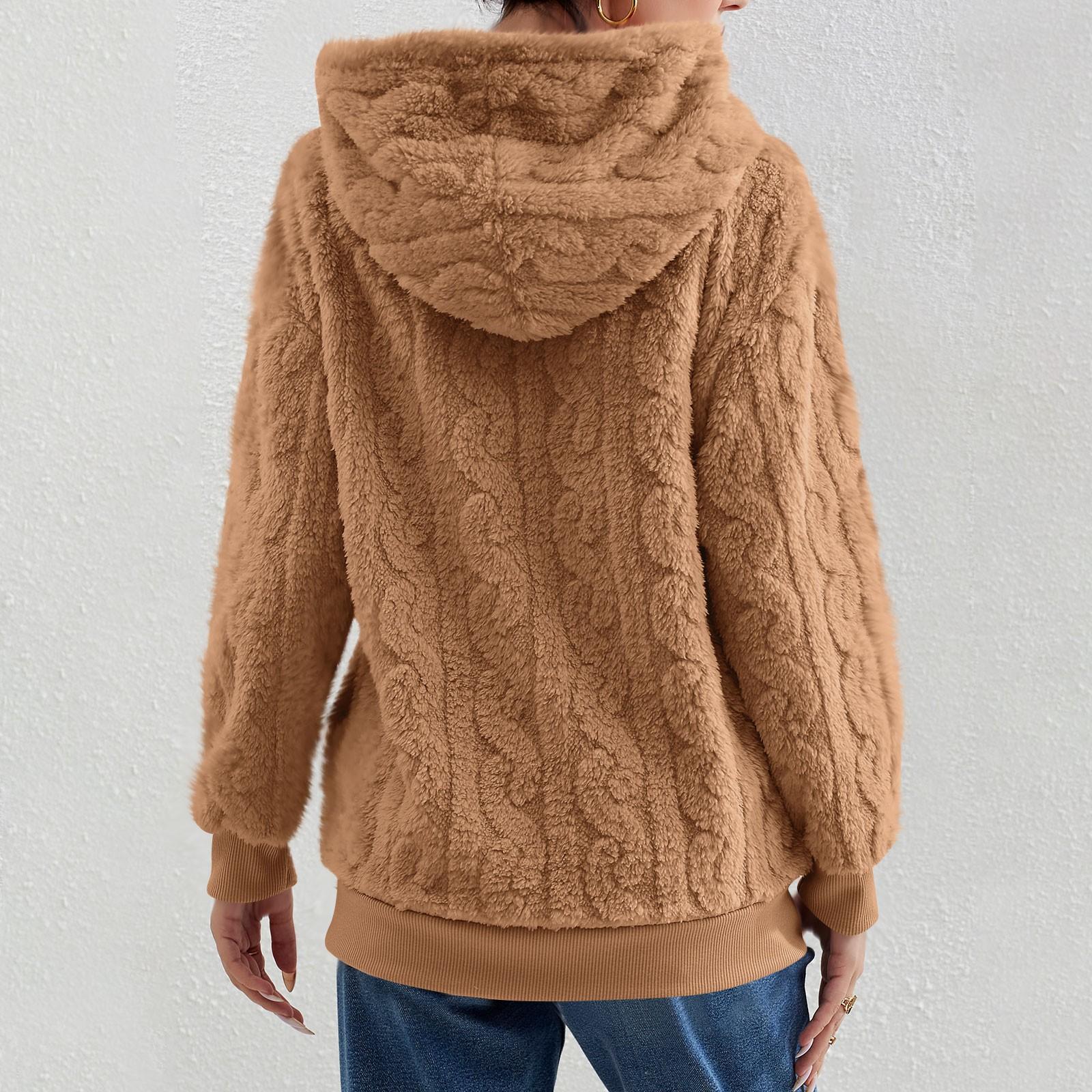 Женская мода с длинным рукавом сплошной цвет карман плюшевый кардиган с капюшоном — фото 4