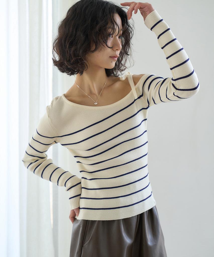THE GREEN LAB Striped Shoulder Strap Detail Knit [Ivory]