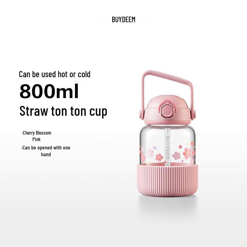 Buydeem 800ml Cherry Blossom Pink Glass Straw Water Bottle