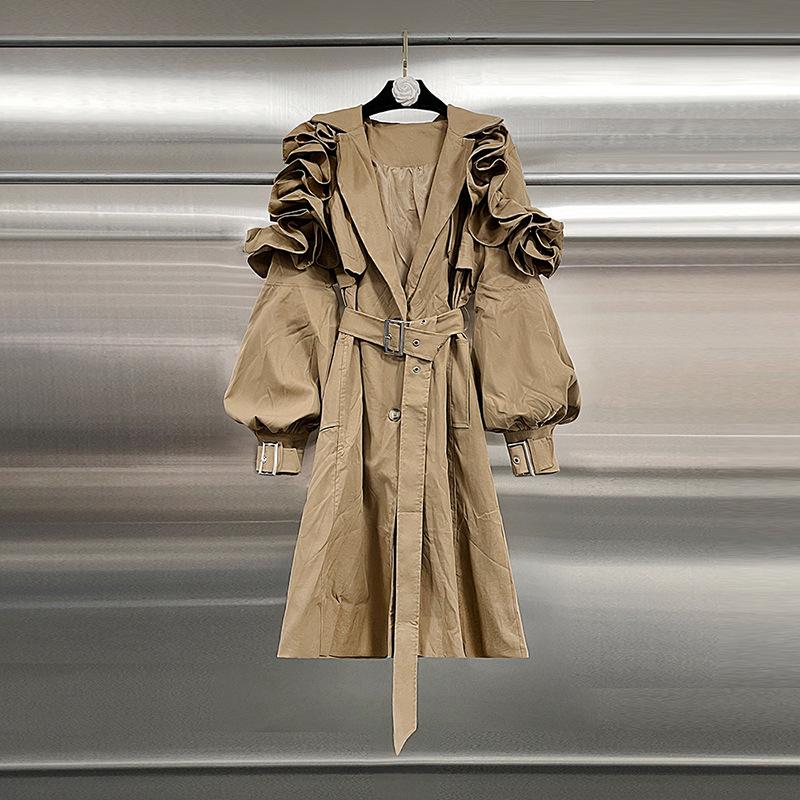 

2026 Summer Ruffle Design Waist-Cinching Trench Coat - Korean & British Style Trendy Women s Jacket S