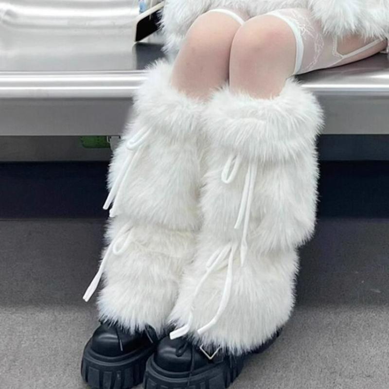 Sweet Lolita Ribbon Bowknot Furry Plush Leg Warmers For Women Girls Winter Warm Thickened Leggings Socks Y2K Boot Cover Sockings