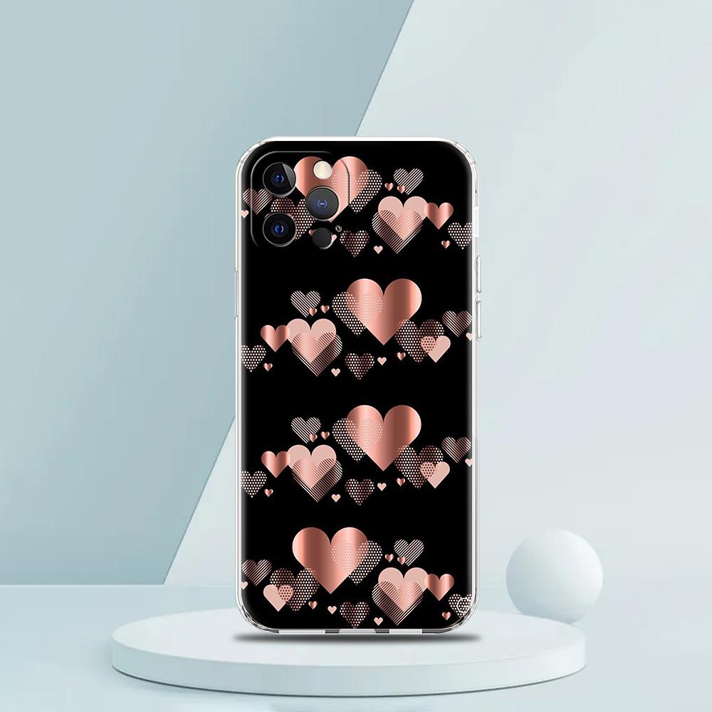 Gold Pink Rose Glitter Hearts Luxury Phone Case For iPhone 16 15 14 13 12 11 Pro Max XS X XR SE 7 8 Plus Silicone Clear Cover
