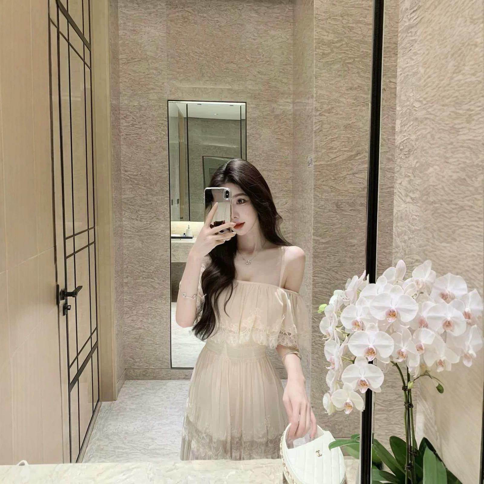 New summer sexy suspender skirt lace skirt waist dress women S абрикосовый