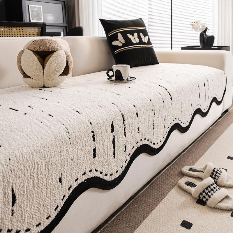 Premium Leather Sofa Cushion Autumn And Winter Plush New Four-Season Universal Fixed Non-Slip Straight Row Seat Cushion Cover