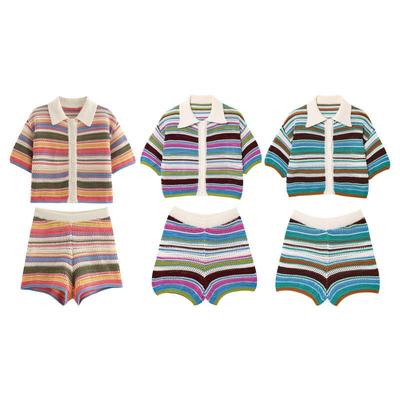 Women's 2025 Crochet Polo Collar Top & Striped Shorts Set